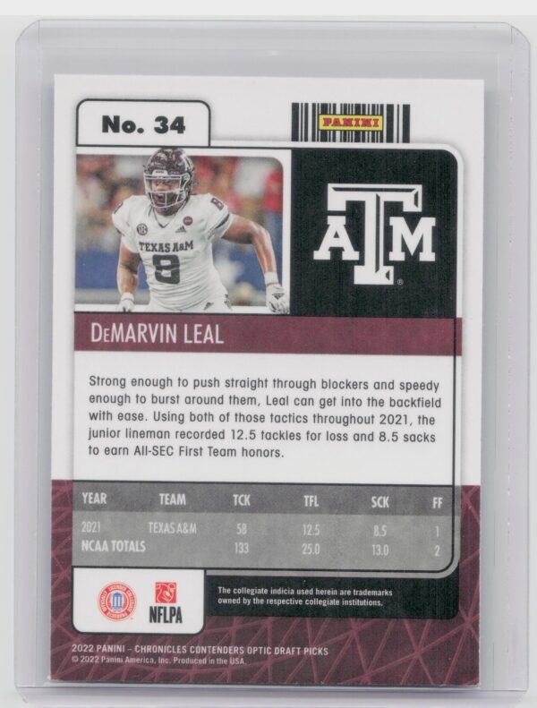 2022 Panini Chronicles Contwnders Optic Draft Picks DeMarvin Leal Rookie RC #34 - Image 3