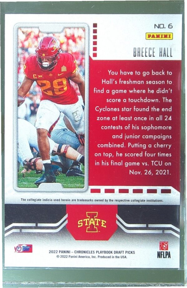 2022 Panini Chronicles Draft Picks Breece Hall RC #6 Cyclones Playbook - Image 3