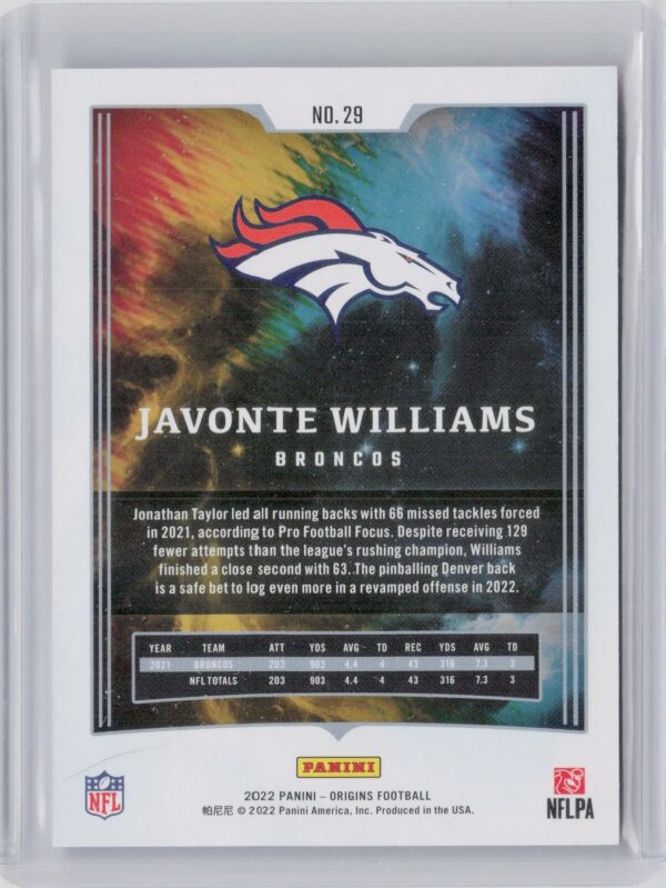 2022 Panini Origins Javonte Williams Blue SN99 #29 Broncos - Image 3