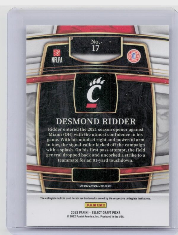 2022 Panini Select Draft Picks Desmond Ridder Blue (Retail Base) RC #17 Bearcats - Image 3
