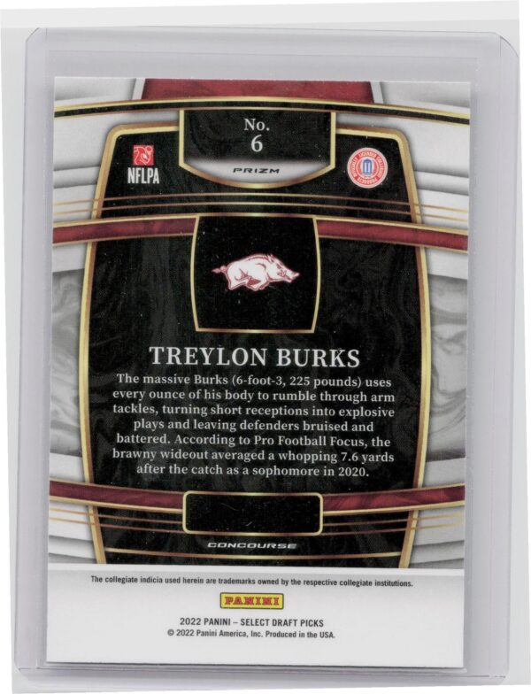 2022 Panini Select Draft Picks Treylon Burks Red Lazer Prizm #6 Razorbacks - Image 3