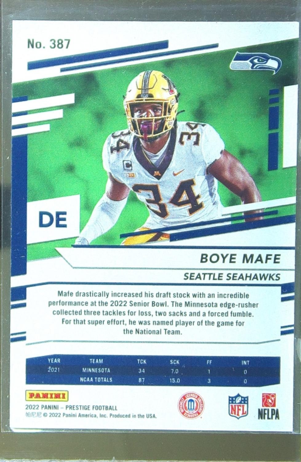 2022 Prestige Boye Mafe Xtra Points Diamond RC #387 Seahawks - Image 3