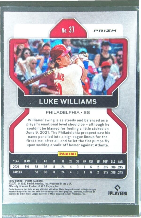 2022 Prizm Luke Williams Red, White, and Blue Prizms RC #37 Phillies - Image 3