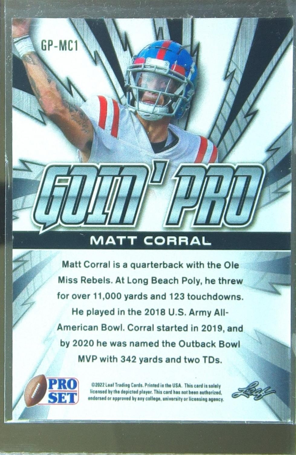 2022 Pro Set Draft Matt Corral #GP-MC1 Rebels Goin' Pro Wave Purple - Image 3