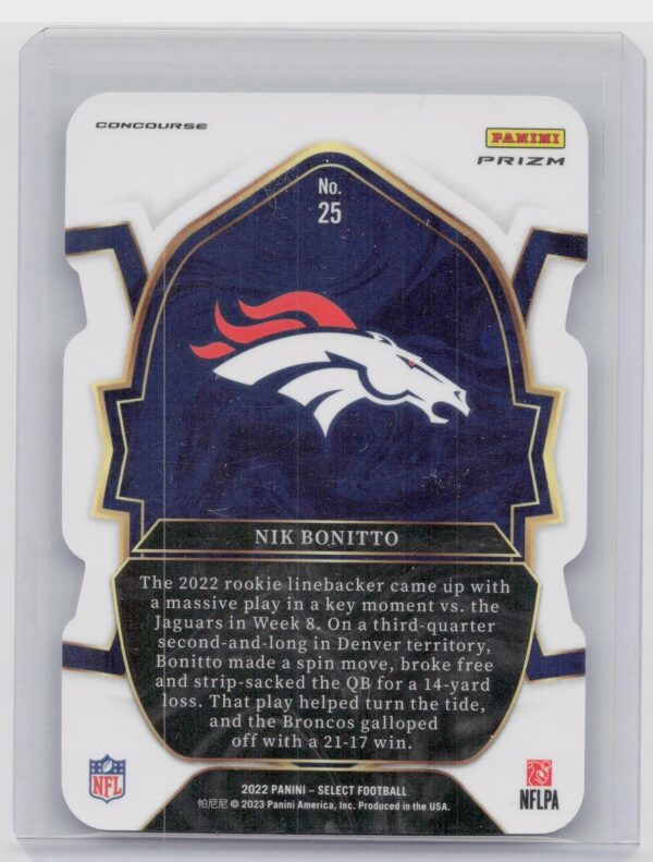 2022 Select Nik Bonitto Silver Prizm Die Cut #25 Broncos - Image 3