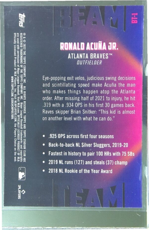 2022 Stadium Club Chrome Ronald Acuna Jr. #BT-1 Braves Beam Team - Image 3