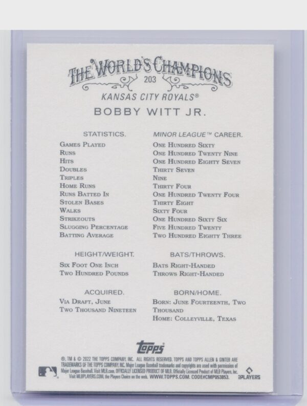 2022 Topps Allen & Ginter Bobby Witt Jr. #203 Royals - Image 3