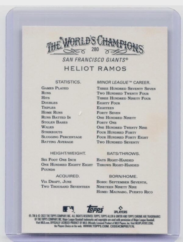 2022 Topps Allen & Ginter Chrome Heliot Ramos Silver Portrait RC #280 Giants - Image 3