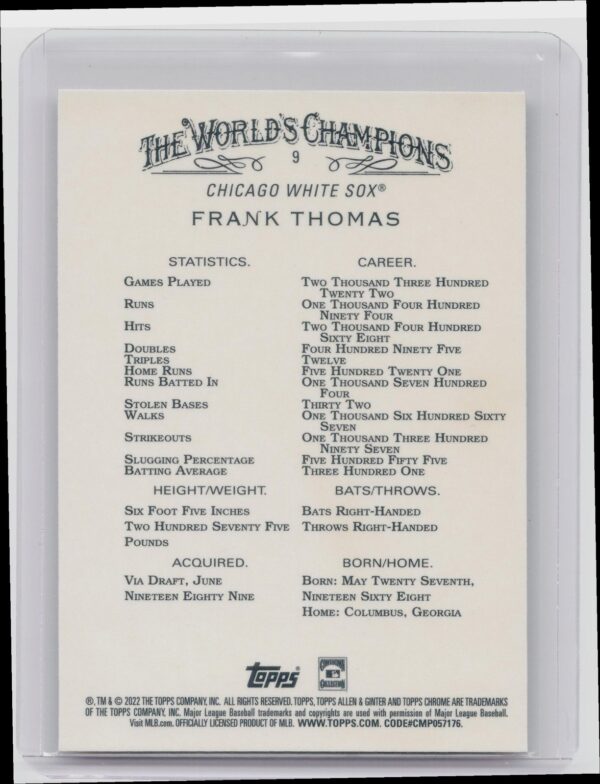 2022 Topps Allen & Ginter Frank Thomas Silver Portrait #9 Sox - Image 3