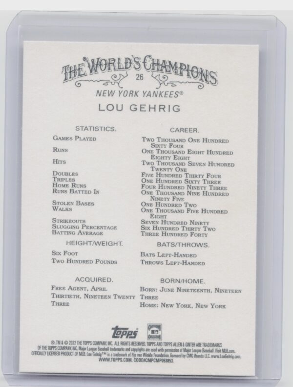 2022 Topps Allen & Ginter Lou Gehrig #26 Yankees - Image 3