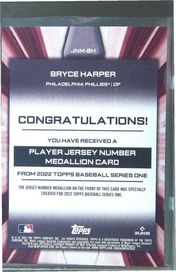 2022 Topps Bryce Harper #JNM-BH Phillies Medallion Commemorative Manufactured - Image 3