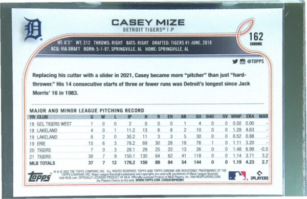 2022 Topps Chrome Casey Mize Sepia Refractor #162 Tigers - Image 3