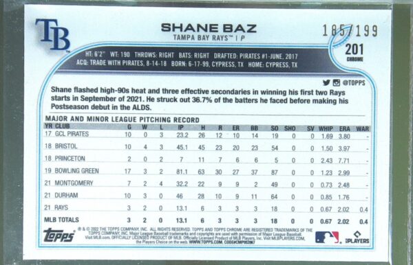 2022 Topps Chrome Shane Baz Aqua Refractor /199 RC #201 Rays - Image 3