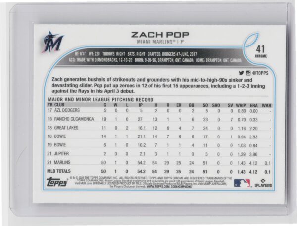 2022 Topps Chrome Zach Pop Rookie #41 Marlins - Image 3