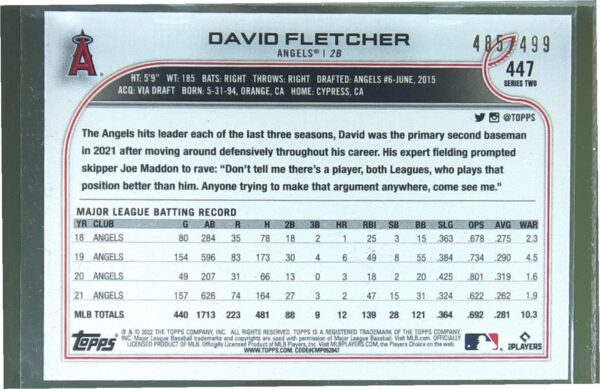 2022 Topps David Fletcher Green Foilboard /499 #447 Angels - Image 3
