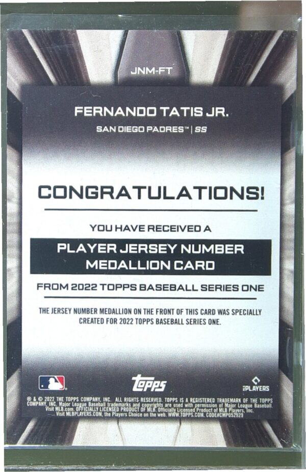 2022 Topps Fernando Tatis Jr. #JNM-FT Player Jersey Number Medallion relic - Image 3