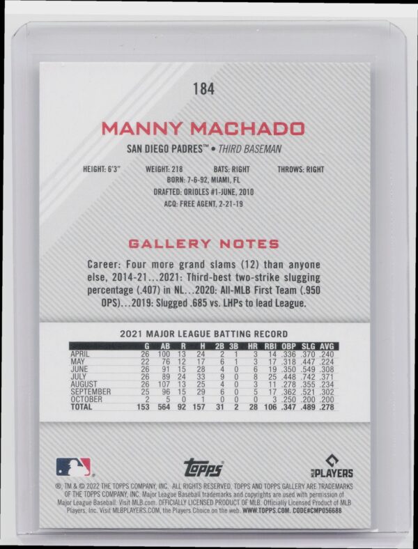 2022 Topps Gallery Manny Machado #184 Padres - Image 3