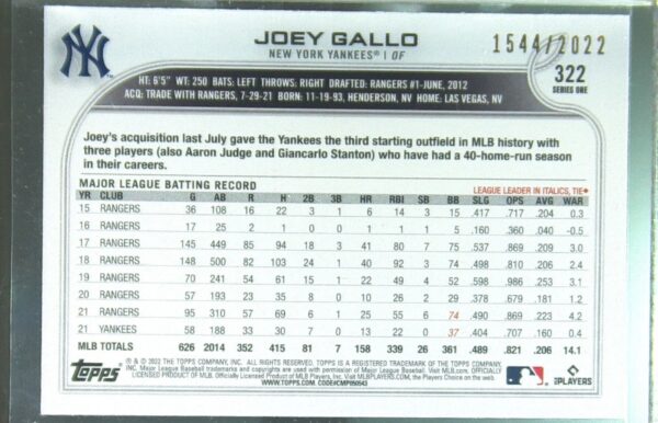 2022 Topps Joey Gallo Gold /2022 #322 Yankees - Image 3