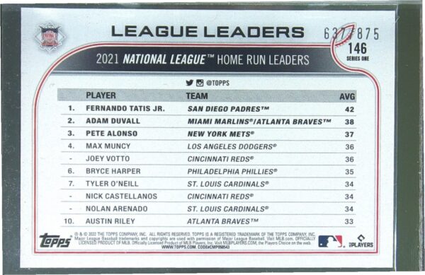 2022 Topps NL Homerun Leaders (Tatis Jr. / Adam Duvall / Pete Alonso) Foilboard - Image 3