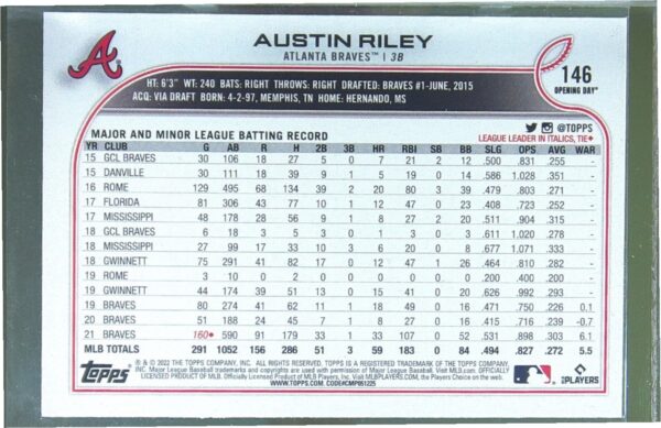 2022 Topps Opening Day Austin Riley Blue Foil #146 Braves - Image 3