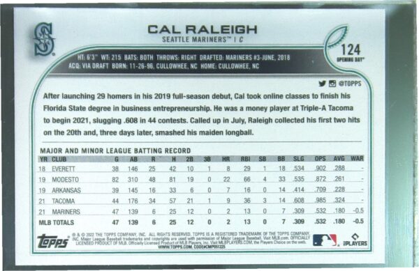 2022 Topps Opening Day Cal Raleigh RC #124 Mariners - Image 3