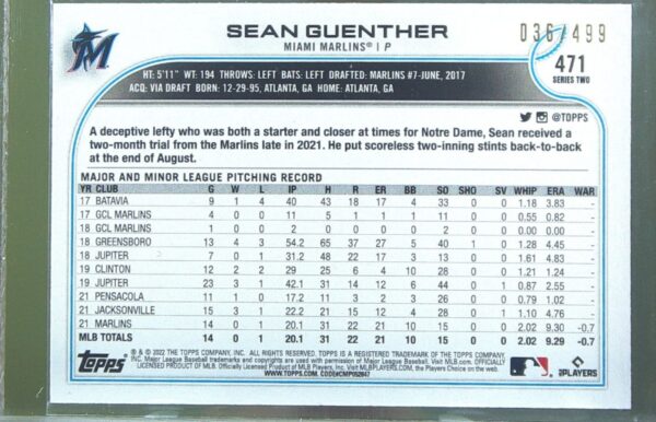 2022 Topps Sean Guenther Green Foilboard /499 RC #471 Marlins - Image 3
