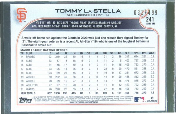 2022 Topps Tommy La Stella Green Foilboard /499 #241 Giants - Image 3