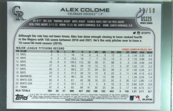 2022 Topps Update Alex Colome Mother's Day Hot Pink /50 #US325 Rockies - Image 3