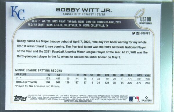2022 Topps Update Bobby Witt Jr. RC #US100 Royals - Image 3