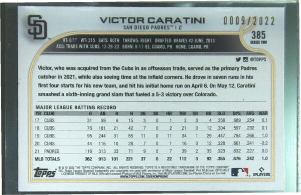2022 Topps Victor Caratini Gold /2022 #385 Padres - Image 3