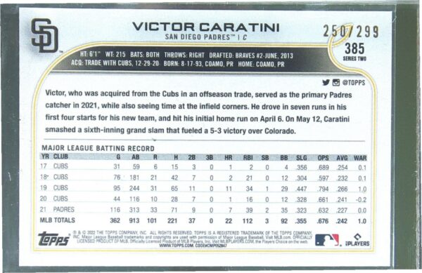 2022 Topps Victor Caratini Orange Foilboard /299 #385 Padres - Image 3