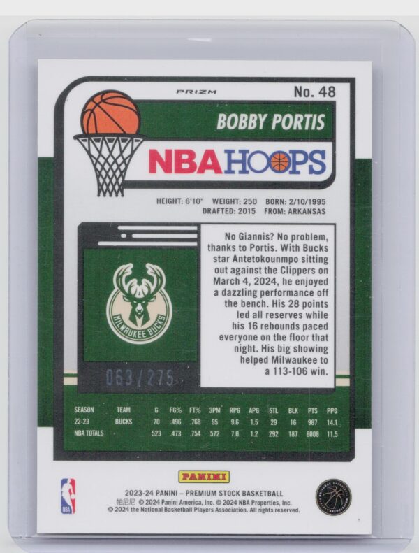 2023-24 Hoops Premium Stock Bobby Portis Red Prizm /275 48 Bucks - Image 3