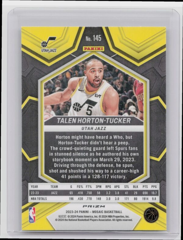 2023-24 Panini Mosaic Talen Horton-Tucker Reactive Yellow 145 Jazz - Image 3