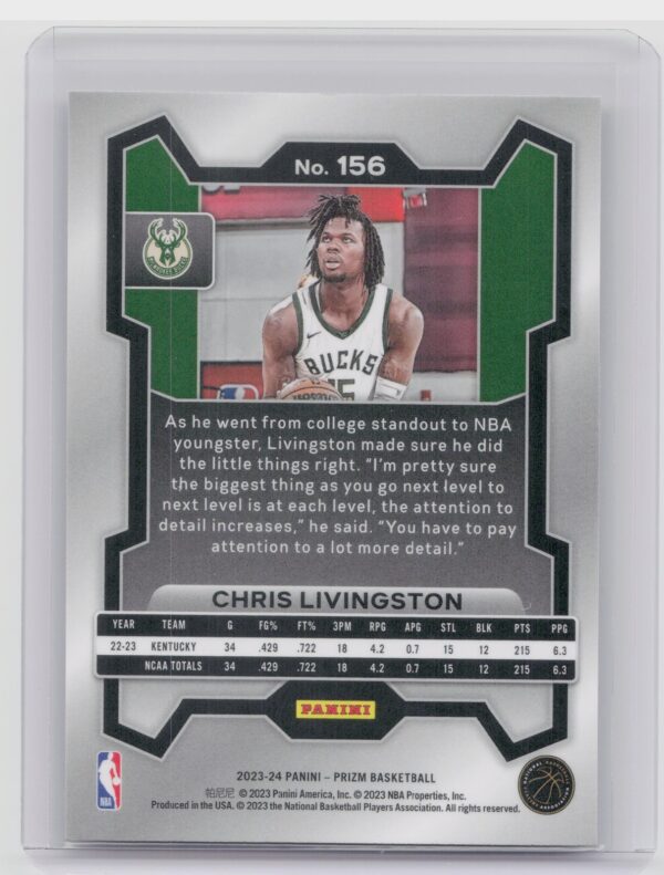 2023-24 Prizm Chris Livingston RC #156 Bucks - Image 3