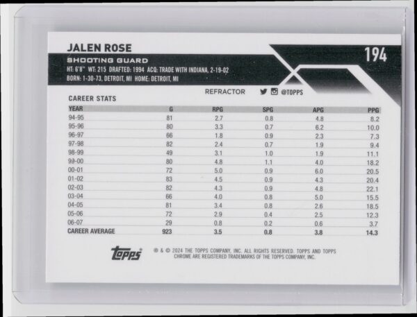 2023-24 Topps Chrome Jalen Rose 194 Bulls - Image 3