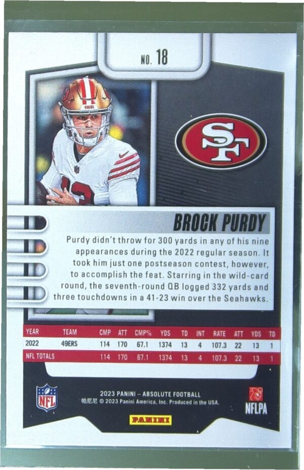 2023 Absolute Brock Purdy Blue #18 49ers - Image 3