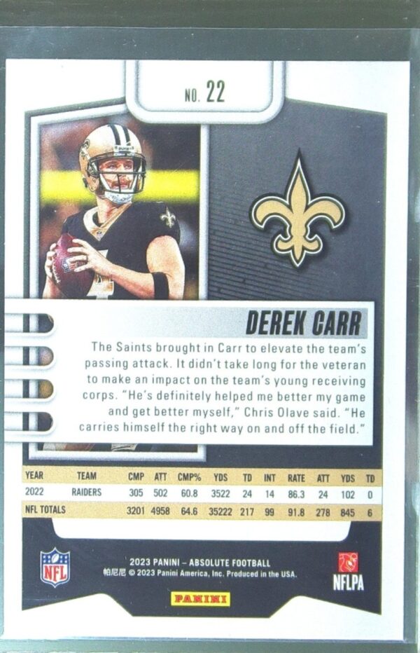 2023 Absolute Derek Carr Blue #22 Saints - Image 3