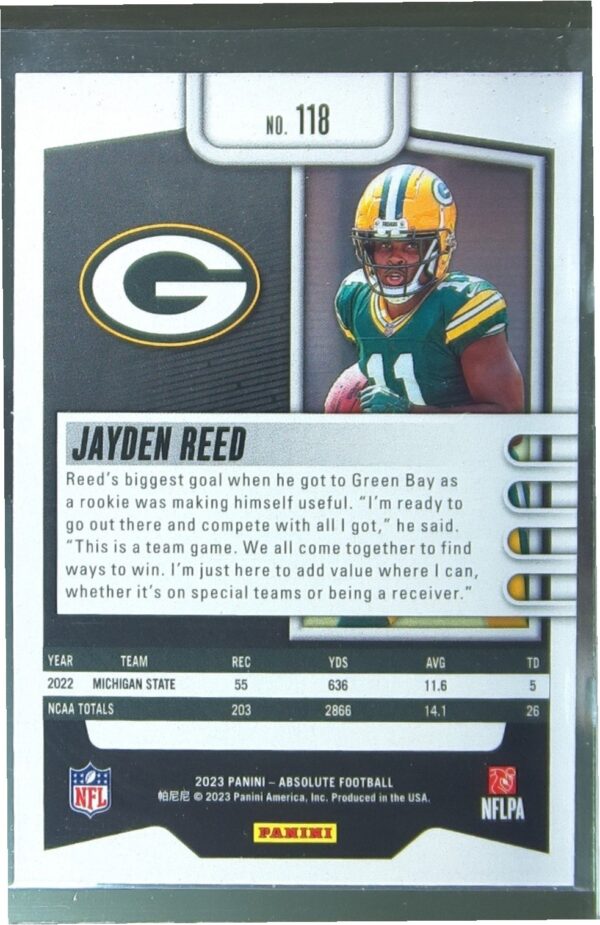 2023 Absolute Jayden Reed Retail RC #118 Packers - Image 3
