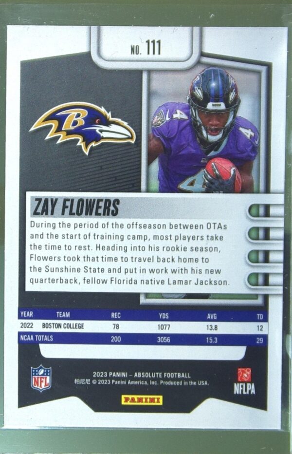 2023 Absolute Zay Flowers Purple RC #111 Ravens - Image 3