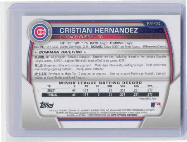 2023 Bowman 1st Edition Cristian Hernandez #BPPF-24 Cubs - Image 3