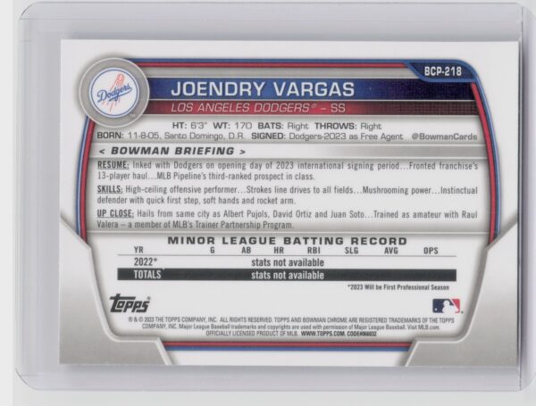 2023 Bowman Chrome Joendry Vargas #BCP-218 Dodgers Chrome Prospects Mojo Ref - Image 3