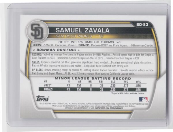 2023 Bowman Draft Samuel Zavala #BD-83 Padres - Image 3