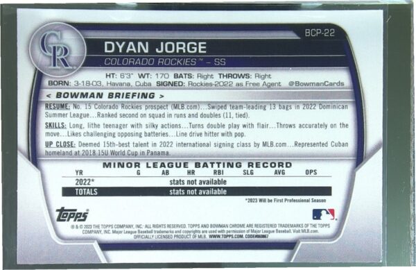 2023 Bowman Dyan Jorge #BCP-22 Rockies Chrome Prospects Mojo Refractors - Image 3