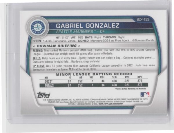 2023 Bowman Gabriel Gonzalez #BCP-133 Mariners Chrome Prospects Mojo Refractors - Image 3