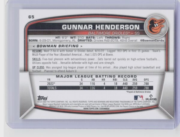 2023 Bowman Gunnar Henderson Rookie #65 Orioles - Image 3