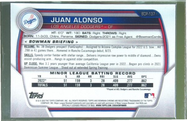 2023 Bowman Juan Alonso /99 #BCP-137 Dodgers Chrome Prospects Green Refractor - Image 3