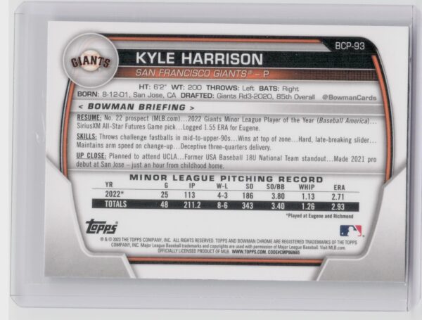 2023 Bowman Kyle Harrison #BCP-93 Giants Chrome Prospects - Image 3
