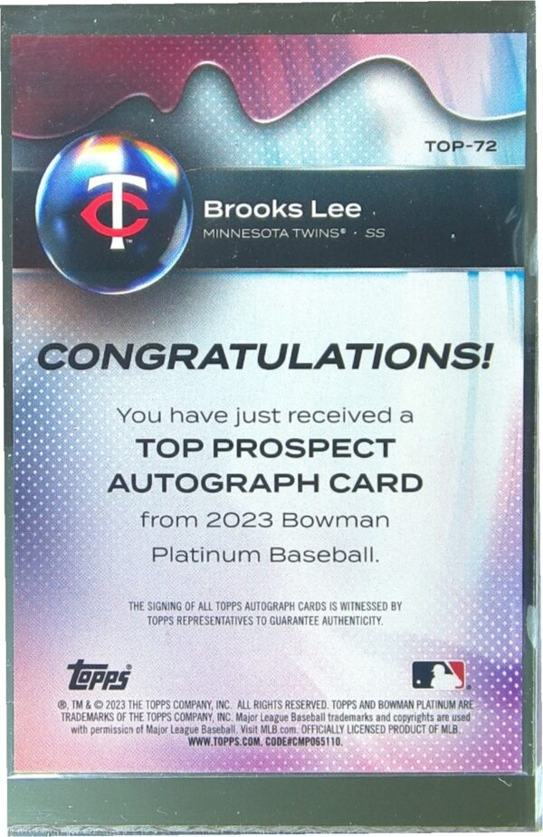 2023 Bowman Platinum Brooks Lee Auto #TOP-72 Twins Top Prospects Autographs - Image 3