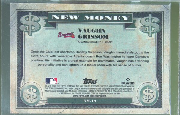 2023 Bowman Platinum Vaughn Grissom RC #NM-19 Braves New Money - Image 3