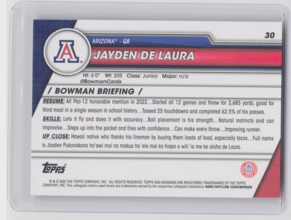 2023 Bowman University Chrome Jayden De Laura #30 Wildcats - Image 3
